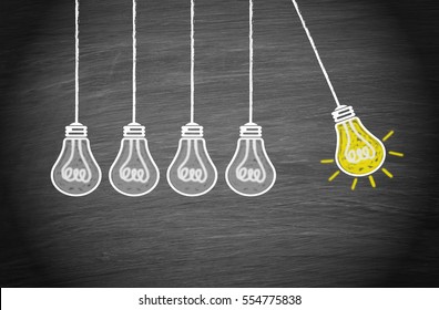 Great Idea and Creativity Concept with light bulbs on chalkboard background
