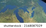 Great lakes in America in planet Earth, aerial view from outer space, 3d rendering