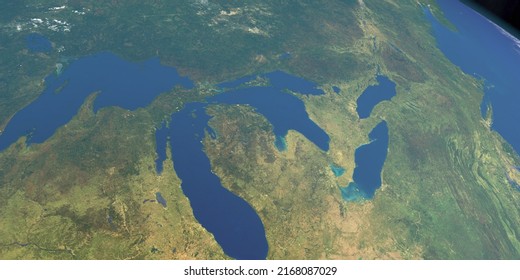 Great Lakes In America In Planet Earth, Aerial View From Outer Space, 3d Rendering