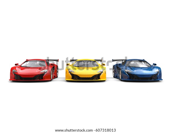 Great modern sports super cars in red, blue\
and yellow - 3D\
Illustration
