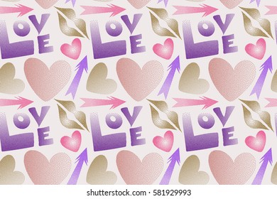 Great multicolored print for poster, cards, textile, printing or fabric. Raster seamless pattern with hand drawn word love, cupid's arrow, lipstick kisses and heart in pink, violet and purple colors.