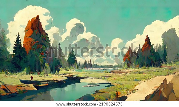 Great outdoors digital painting. 4k landscape of nature with trees mountains, clouds and river, lake. Alaska, canada landscape. Painting wallpaper, background. Bright environment illustration. 