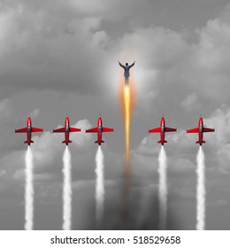 Great outstanding Businessman concept as a group of jet airplanes flying upward with a person blasting ahead with a rocket boost as a power metaphor with 3D illustration elements.