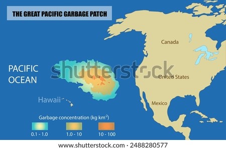 The Great Pacific Garbage Patch map. Education illustration