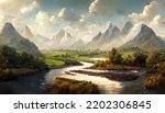 Great river and mountain beautiful valley and plain illustration art