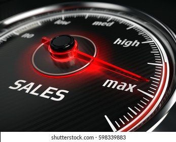 Great Sales - sales speedometer with needle points to the maximum. 3d rendering