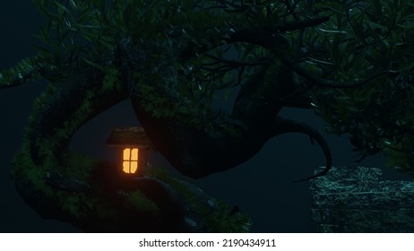 Great Treehouse, Night View In The Woods, Nature Landscape, Render 3D