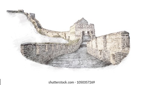 The Great Wall of China in sketch style. Illustration, hand drawn, sketch isolated on white.Watercolor chinese historical showplace for print, souvenirs, postcards, t-shirts, decoration, picture.
