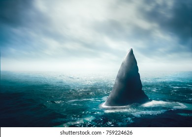 Great White Shark Fin Above Water / 3d Illustration / Mixed Media