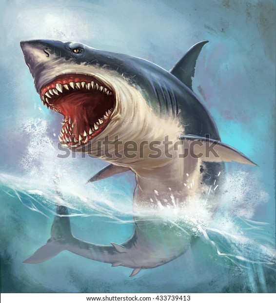 波の背景に大きな白いサメ リアルなイラスト のイラスト素材