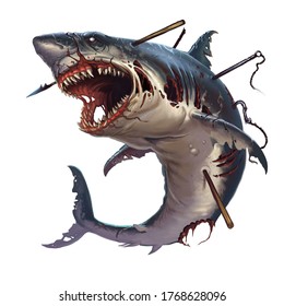 Great white shark zombie attacks in a jump. A giant zombie shark attacks jumping out of the sea into Halloween.