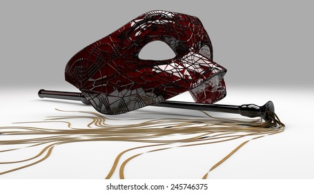 a gred mask and whip on white background