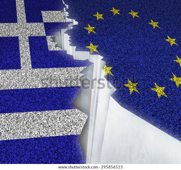 Greece Europe failure\
concept as a dividing crack on a broken road with the European\
union and Greek flag as a failure or potential grexit deal because\
of the debt\
crisis.