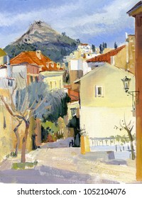 Greece. Greek Cityscape. Old Street In Athens. Сity ​​center Near The Parthenon. Oil Painting Cityscape. Fine Art.