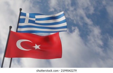 Greece And Turkey Flags, Blue Sky Flag Greece And Flag Turkey, War Turkey Vs Greece, 3D Work And 3D Image