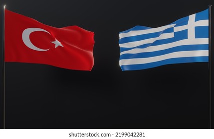 Greece And Turkey Flags, Blue Sky Flag Greece And Flag Turkey, War Turkey Vs Greece, 3D Work And 3D Image