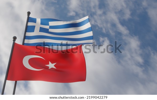 Greece and turkey flags,\
Blue sky flag Greece and flag turkey, war turkey vs Greece, 3D work\
and 3D image