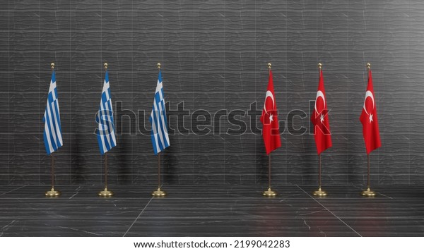 Greece and turkey flags,\
Blue sky flag Greece and flag turkey, war turkey vs Greece, 3D work\
and 3D image