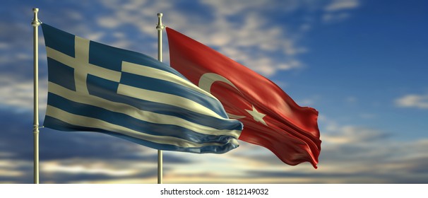 Greece And Turkey Neighbor Countries Relations Concept. Turkish And Greek Flags Waving Against Blue Sky With Clouds Background. 3d Illustration