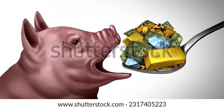 Greed Inflation or Greedflation as a selfish hungry Pig character as a greedy business symbol hoarding money and profits as a symbol of economic excess and greediness with 3D illustration elements. Foto stock © 