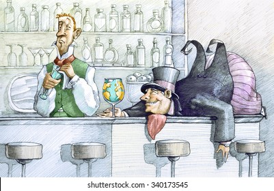 a greedy drunk fat man lying on a bar counter holding a glass globe, the bartender looks at him with undisguised enough allegory of corruption in politic