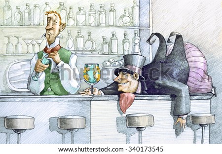 a greedy drunk fat man lying on a bar counter holding a glass globe, the bartender looks at him with undisguised enough allegory of corruption in politic