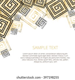 Greek Background. Watercolor Square Layout With Space For Text. Meander Pattern With Watercolor Effect.  Greece Template For Invitation, Wedding, Greeting Card.