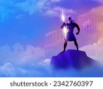 Greek god and goddess vector illustration series, Zeus, the Father of Gods and men standing on mountain Olympus