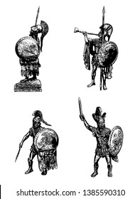 Greek hoplite illustration. Ancient warriors set. Historical illustration.