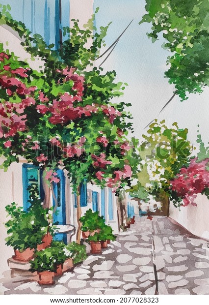 Greek Landscape Watercolor Greece Handdrawn Illustration Stock ...