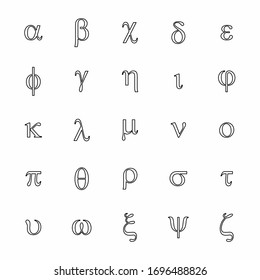 Greek Letters Icons Set. Black Outlines On White Background.