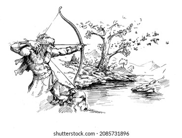 Greek Mythology Character Titan Demigod Hercules Hunting Stymphalian Birds and Arch Hand Drawn Sketch Illustration