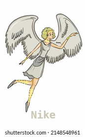 Greek Mythology Gods, Nike,illustration ,white Background,line Drawing.