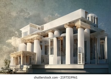 Greek Revival Style Architecture, Digital Art Style, 3d Illustration