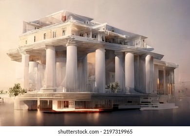 Greek Revival Style Architecture, Digital Art Style, 3d Illustration