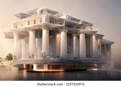 Greek Revival Style Architecture, Digital Art Style, 3d Illustration