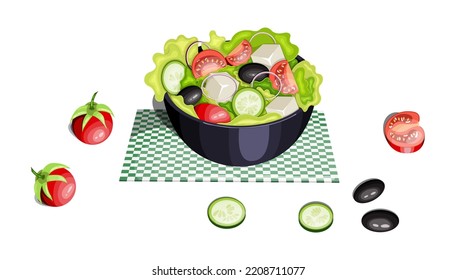 Greek Salad In A Bowl. Illustration Isolated On White Background