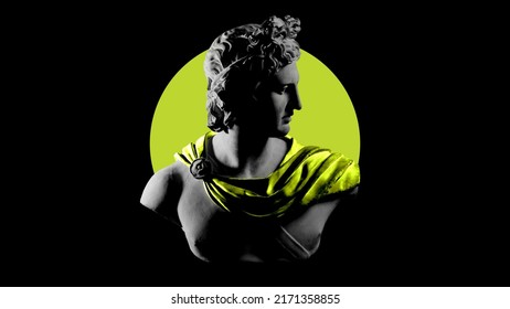 Greek Statue With Green Glowing Neon With Black Background 3D Illustration And Rendering