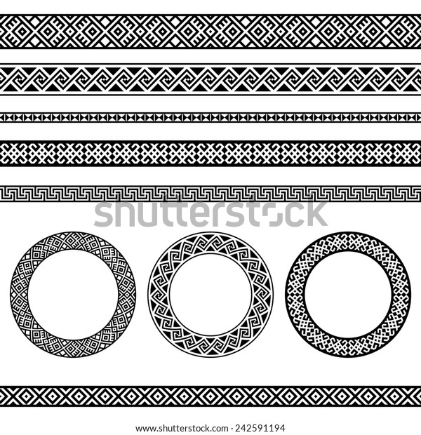 Greek traditional meander border and round\
frame set. Vector antique frame pack. Decoration element patterns.\
Ethnic collections. Raster version.\
