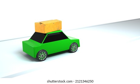 Green 3D Car Driving On Road. Minimal Style Design Small Car On A White Straight Route. Carrying, Transporting A Cardboard Box Cargo On The Roof. 3D Illustration.