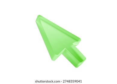 Icono verde de la flecha del cursor del ratón 3d sobre fondo blanco. Ilustración 3D