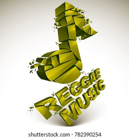 Green 3d musical note created from refractions isolated on white. Three-dimensional transform music theme design element. Reggae music theme