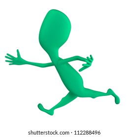 Green 3d puppet with strange shape mimicking run