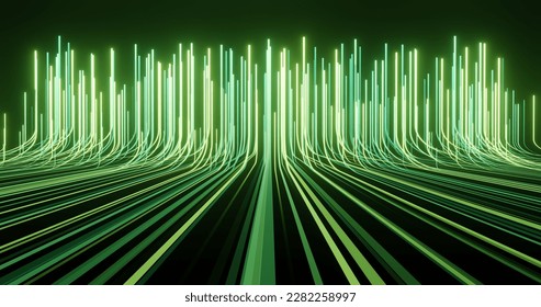 Green abstract dynamic light lines technology front perspective background. 3d rendering.