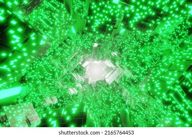 Green Abstract Technology Big Data Digital Background. 3d Rendering. Abstract Background, Smooth Multicolored Lines. The Energy Flow Tunnel. High Quality 3d Illustration