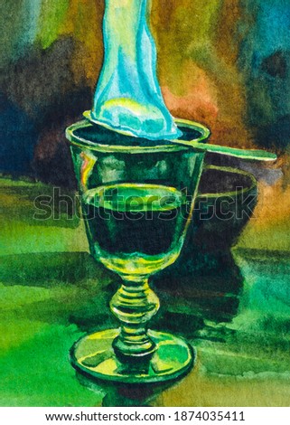 Green alcohol drink absinthe. Absinthe shots with sugar cubes. absinthe poured into a glass. Watercolor painting. 