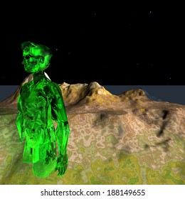 Green alien on the surface of a strange planet