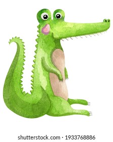 Сute Green Alligator In Watercolor Technique