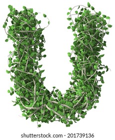 Green alphabet made of trees and leafs. Seasonal summer letter u
