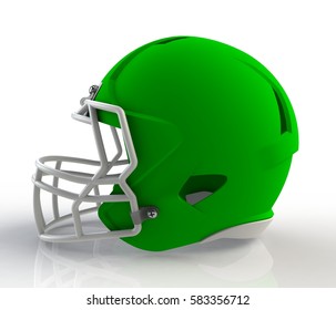 Green American Football Helmet Side View On A White Background With Detailed Clipping Path, 3D Rendering